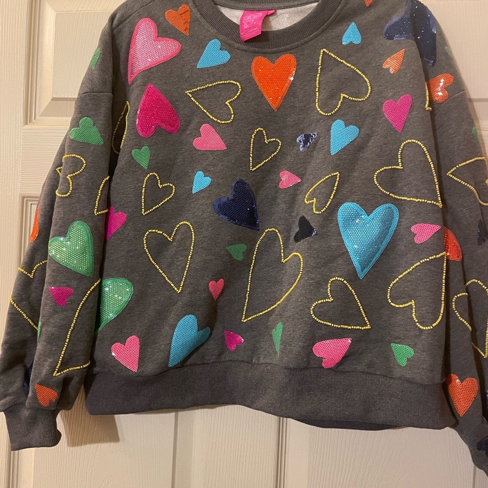 QUEEN OF SPARKLES Gray Sweater with Colorful Hearts worn once XS